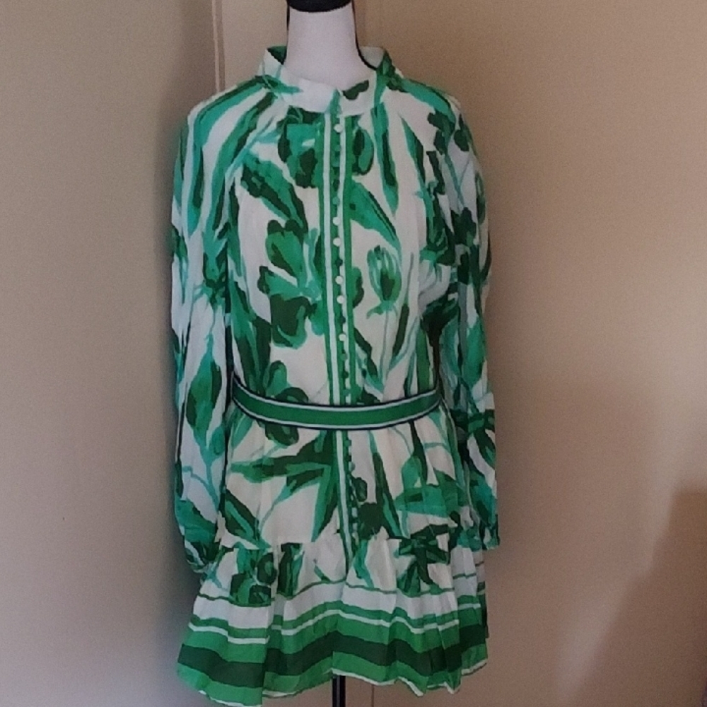 ANTONIO MELANI Green and White Long Sleeve Dress